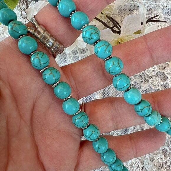 Turquoise Beaded Necklace with Silver Accents 18.5" - 21" - Picture 4 of 7